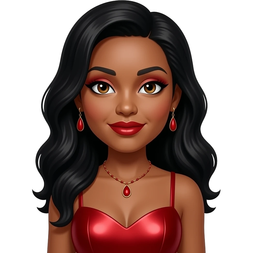 Maxine Jones from En Vogue with hazel eyes, long black hair, red eyeshadow and lipstick, red metallic sweetheart dress, red necklace and earrings emoji