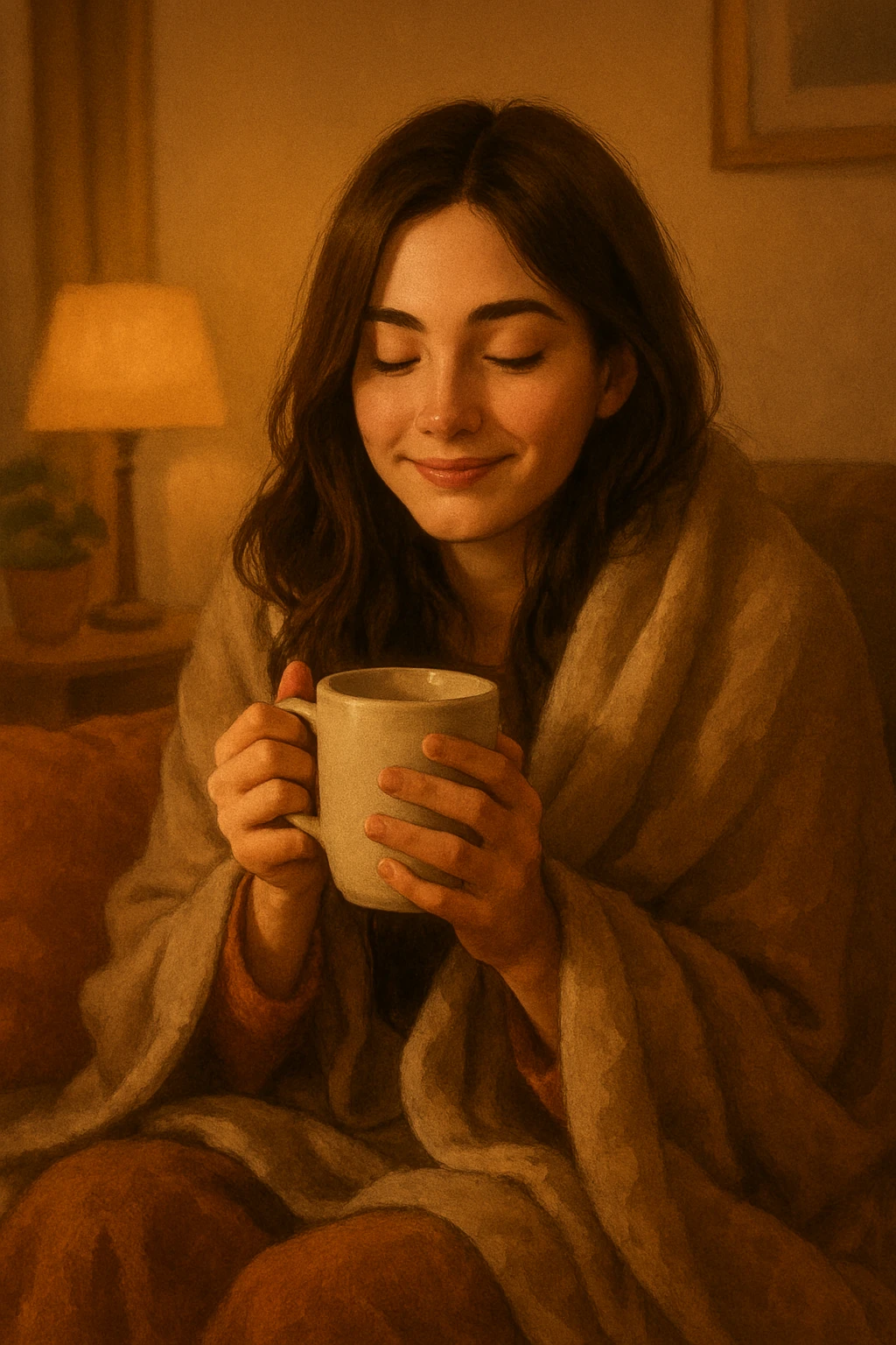 brunette girl in a blanket, holding a coffee mug, looking content, cozy atmosphere emoji