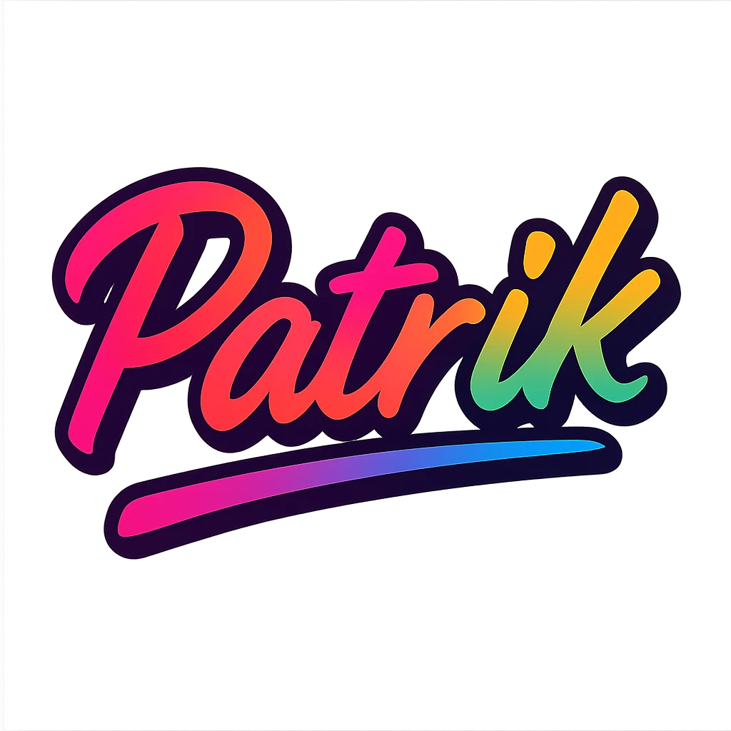 The name 'Patrik' in a modern, colorful gradient font with a dark outline, on a transparent background. The name is either underlined or partially underlined with a dynamic, slanted underline, styled in the manner of the provided sample images. emoji