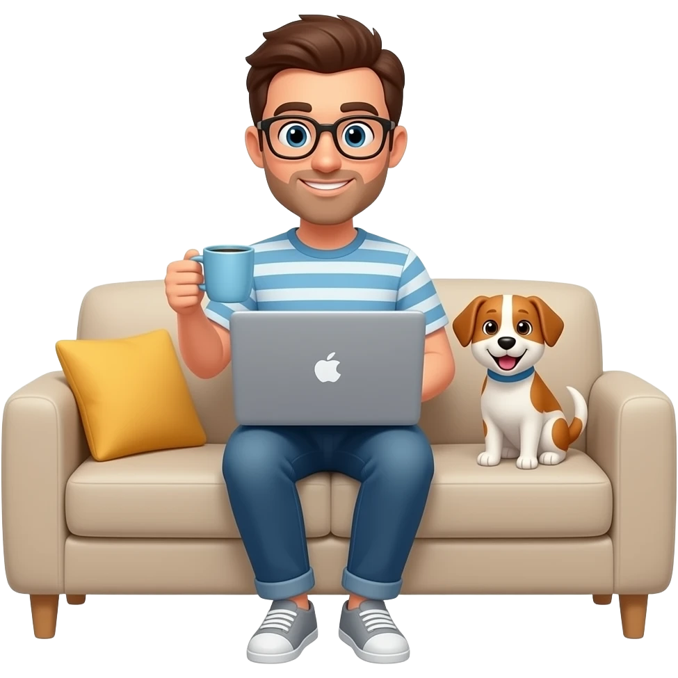 working from home in the sofa male computer and cup of coffoe comfy with a pet emoji