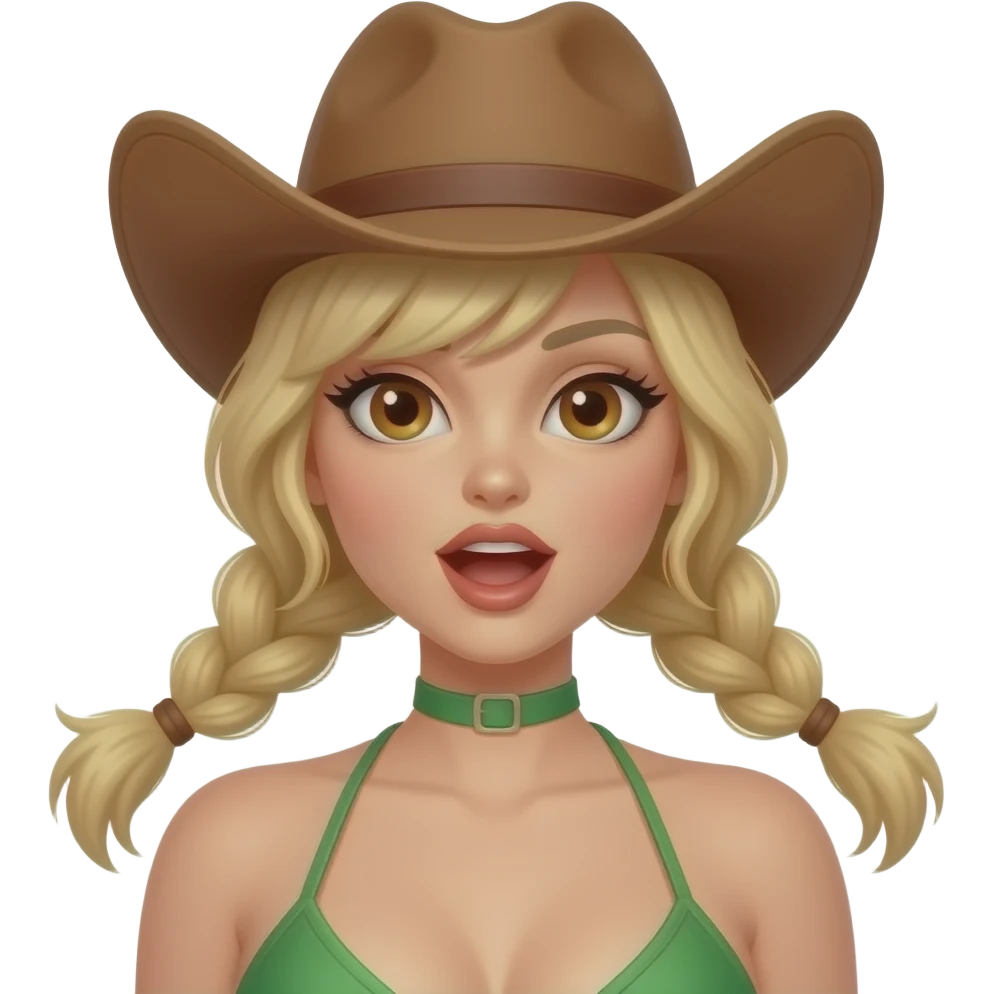 Sexy Cowgirl in green bikini with slim face, open mouth, brown eyes and blonde pigtail braids emoji