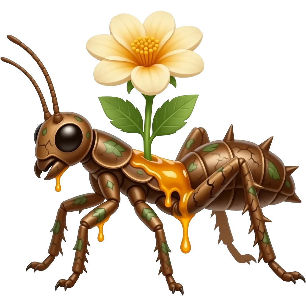 Saprawl A slow forest Walkingsticks crawler with sticky amber sap running through cracks in its bark-like body. it's made of bark but has one blooming on its back, it has spikes and runs fast with all its limbs. It's full of leave markings, and looks like a Walkingstick insect with a bark body. It emoji