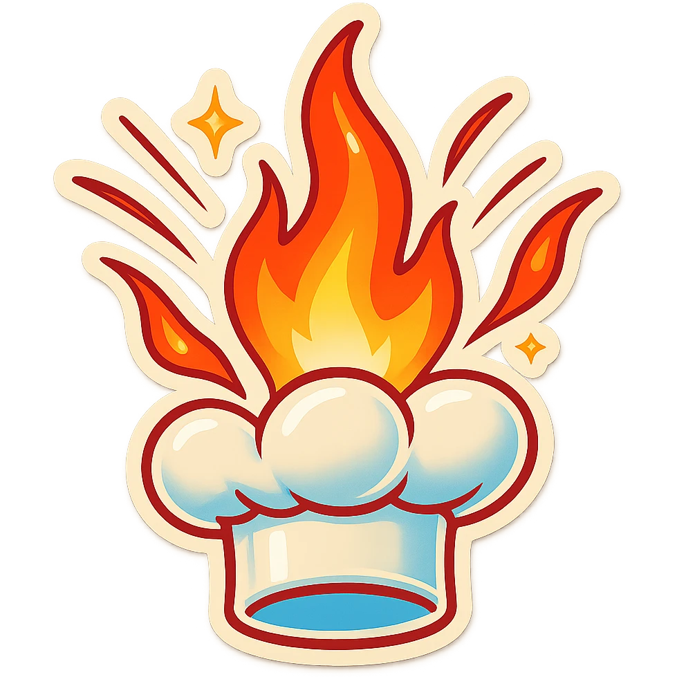 chef's hat explode with trails of fires, emoji, playful, flame red gradient, hat is pure white, vibrant, flame matching style reference file emoji
