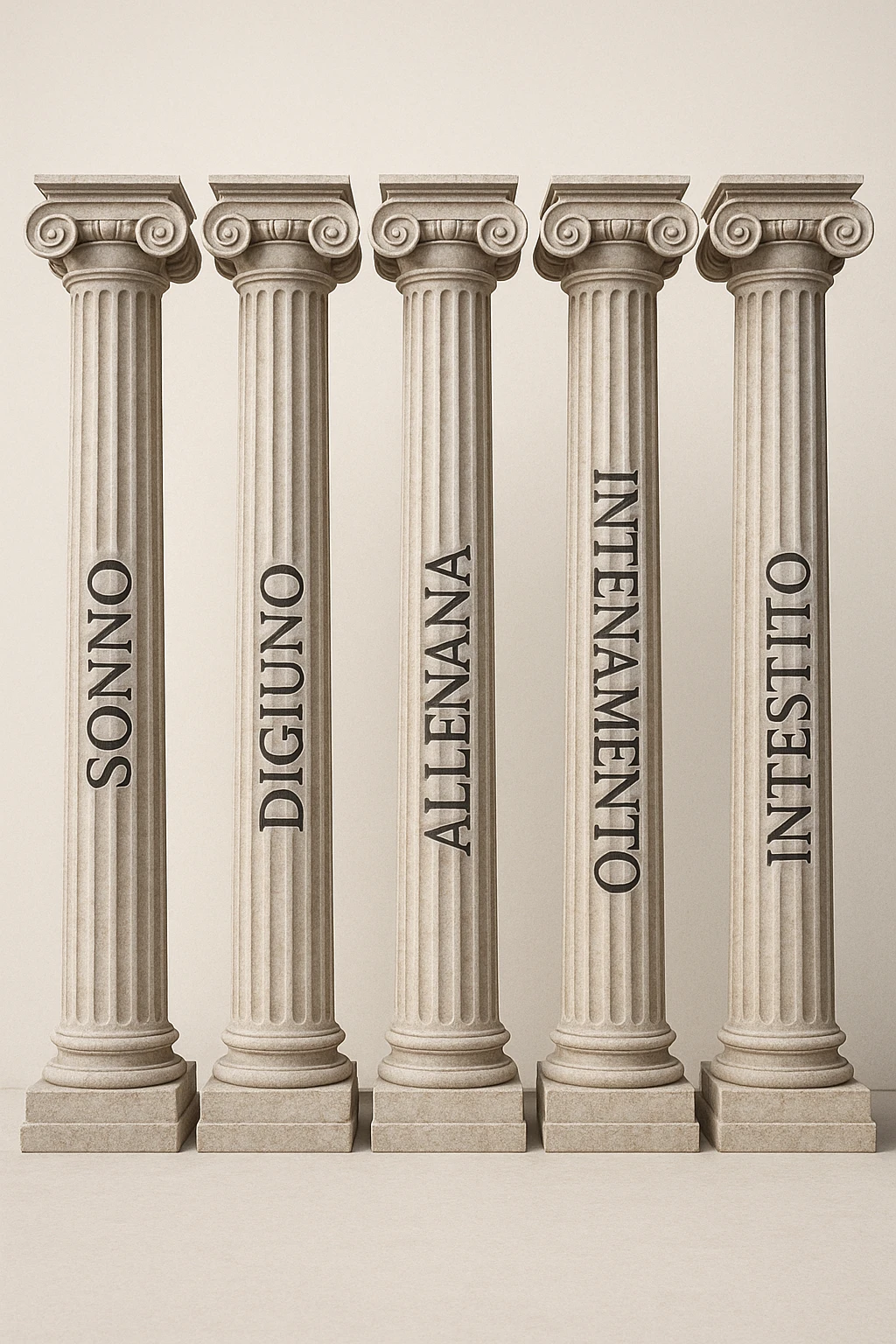 5 pilastri con le scritte "SONNO", "DIGIUNO", "ALLENAMENTO", "INTESTINO", IMMAGINE IPERREALISTICA SFONDO CHIARO IN ITALIANO emoji