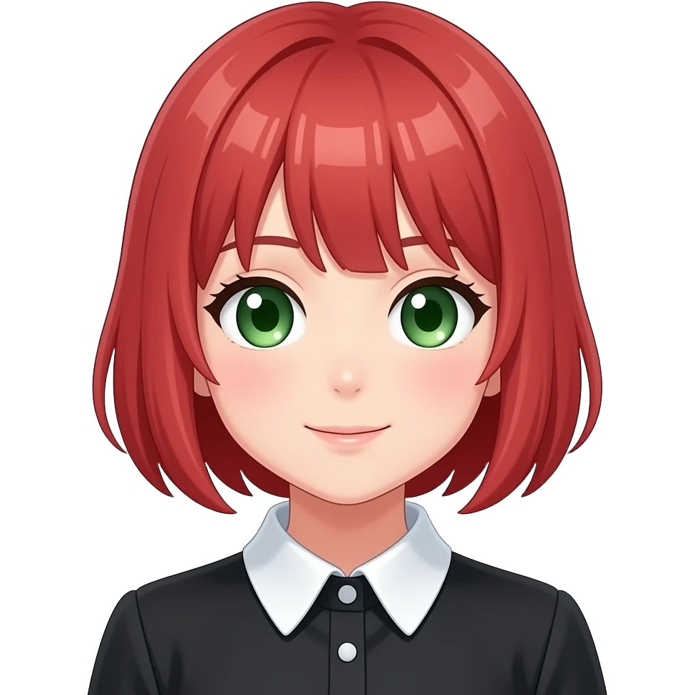 anime girl flushed red hair green eyes black blouse with white collar emoji