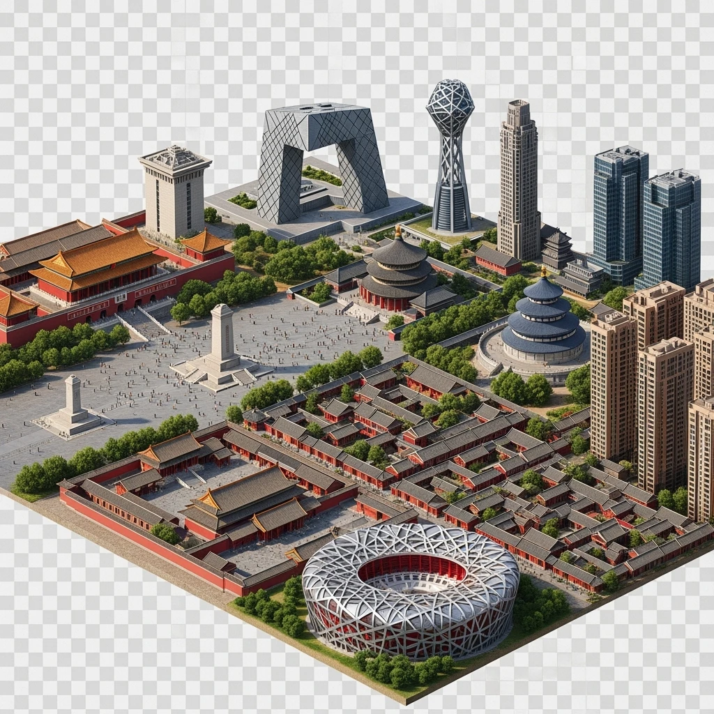 Isometric miniature of Beijing Forbidden City, Tiananmen Square, CCTV Headquarters, Temple of Heaven, Bird’s Nest Stadium and crowded hutong alleys, apartment blocks, 3D miniature effect and Tilt Shift effect, no cartoonish look, transparent background. emoji