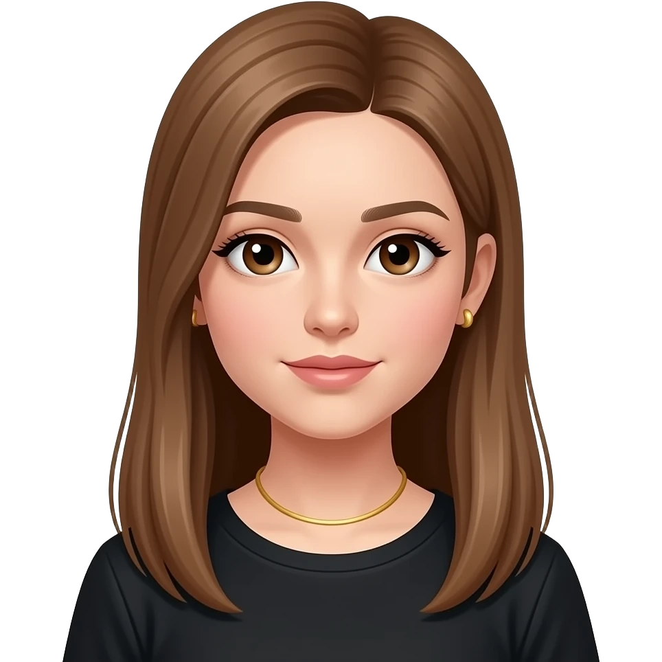 chica pelo castaña claro  con ojos marrones pelo largo largo  liso  top negro y collar fino dorado y pendientes dorados emoji