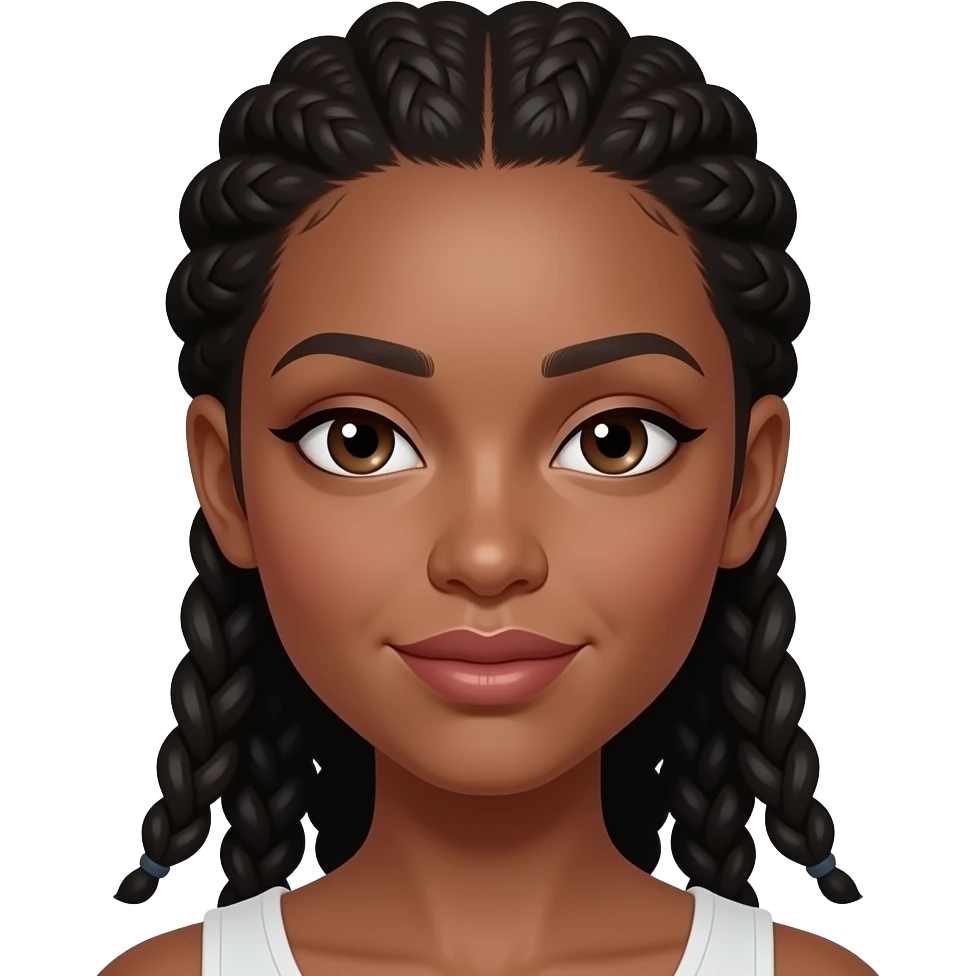 Dark-skinned young woman with smooth skin, full lips, almond-shaped eyes, slightly hooded eyelids, defined natural brows, small rounded nose, soft cheek structure, oval-round face, neat small braids with curly ends framing the face. emoji