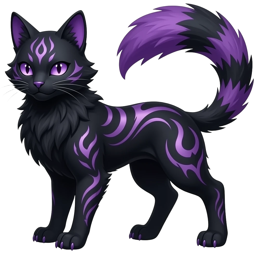 Realistic dark black purplish blackish edgy fantasy ethereal feline-vernid-sergal-monster-furret-Lycanroc-umbreon-fursona-animal-creature, full body with intricate markings emoji