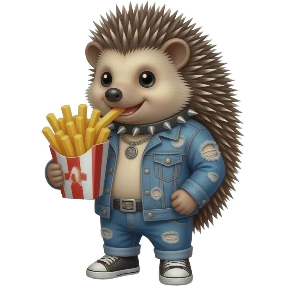 punk Hedgehog wearing cloth and eating big French Fries emoji