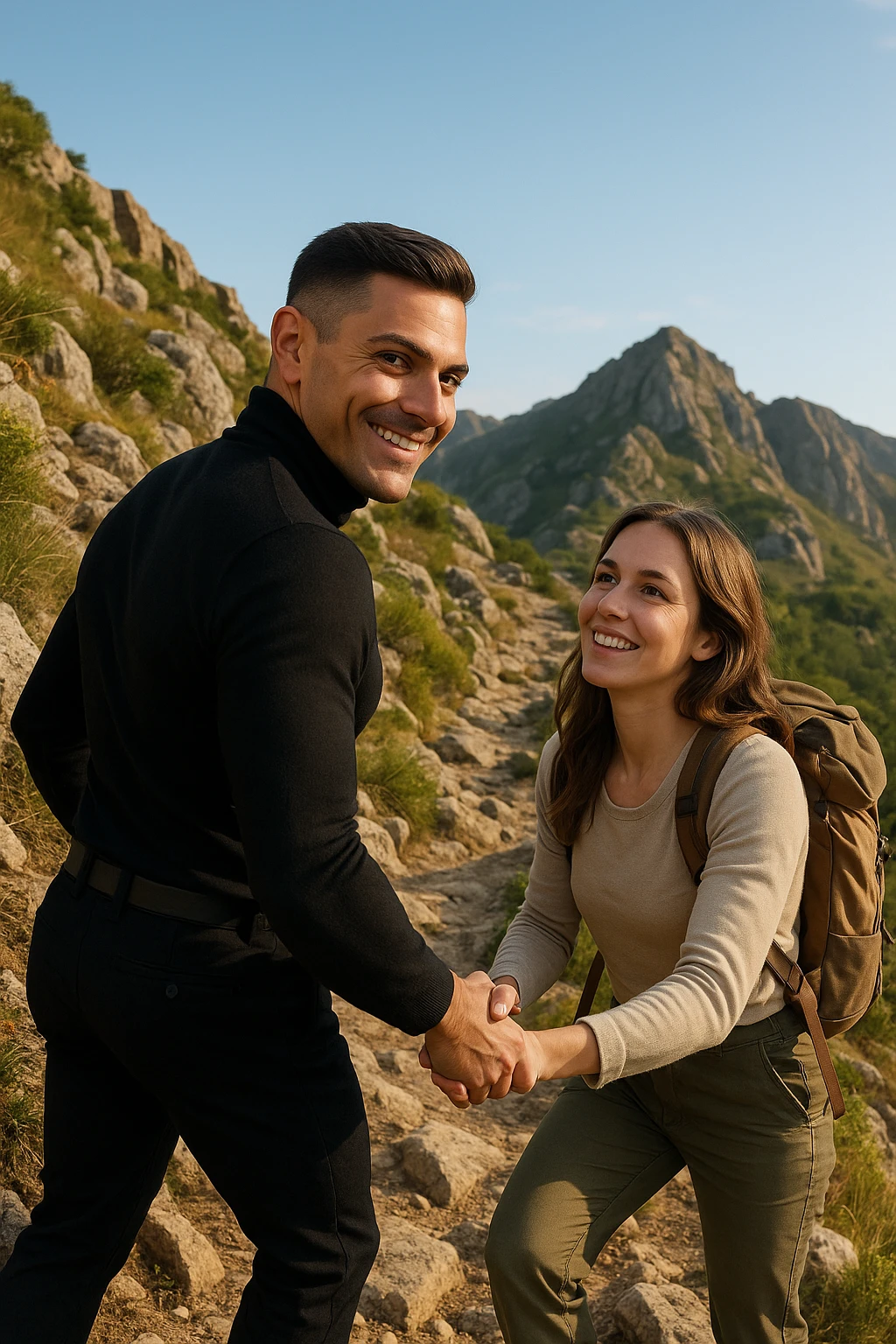 a man and woman climb a mountain trail together, the man leading but frequently looking back to ensure the woman is comfortable and supported. The woman follows with determination and a smile, symbolizing trust, encouragement, and the value of supportive leadership within a relationship. emoji