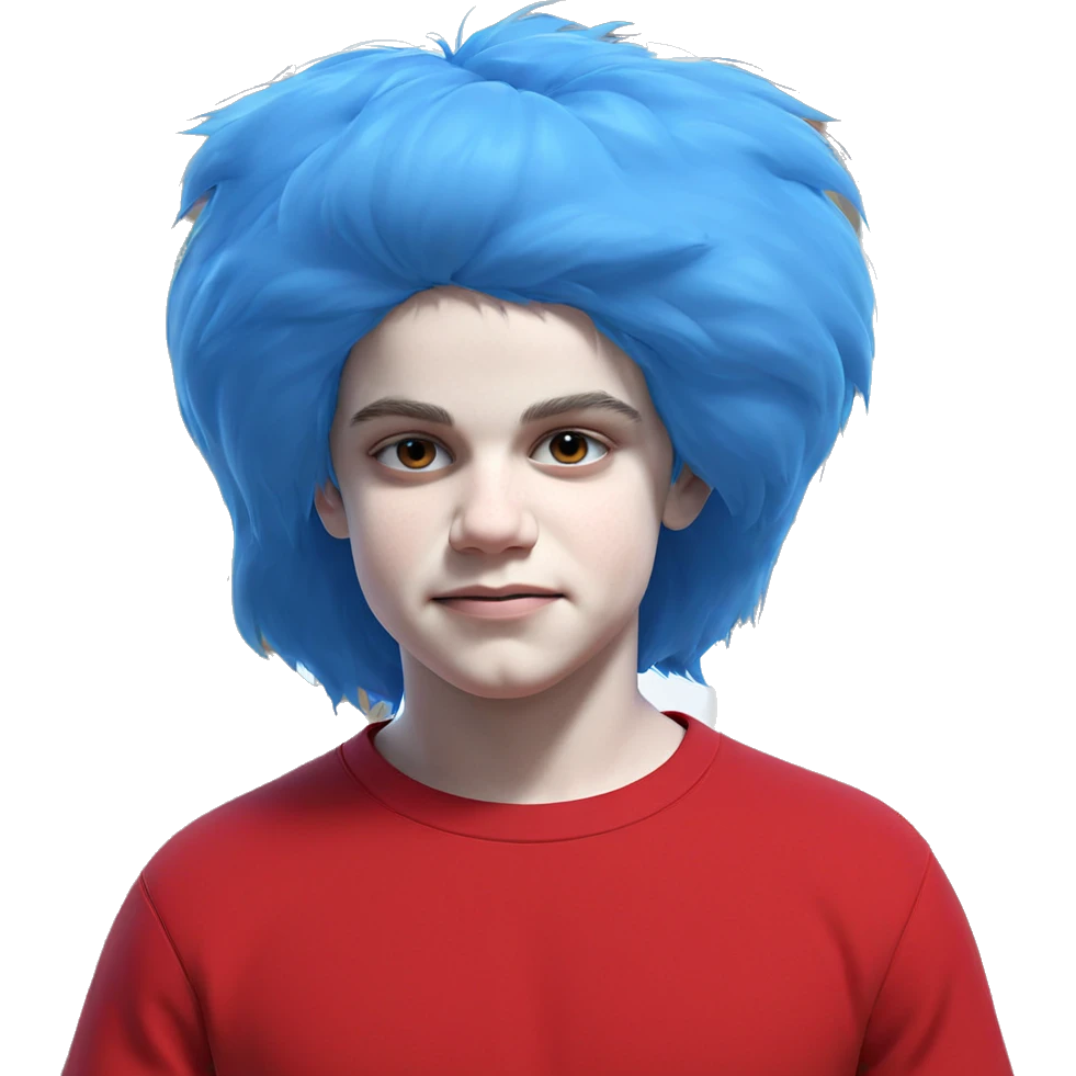 blue haired boy in red emoji