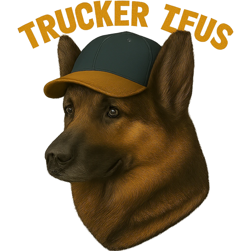 Make the image background transparent while keeping the realistic German Shepherd and the yellow 'Trucker Zeus' text intact. Ensure the file size is under 1MB. emoji