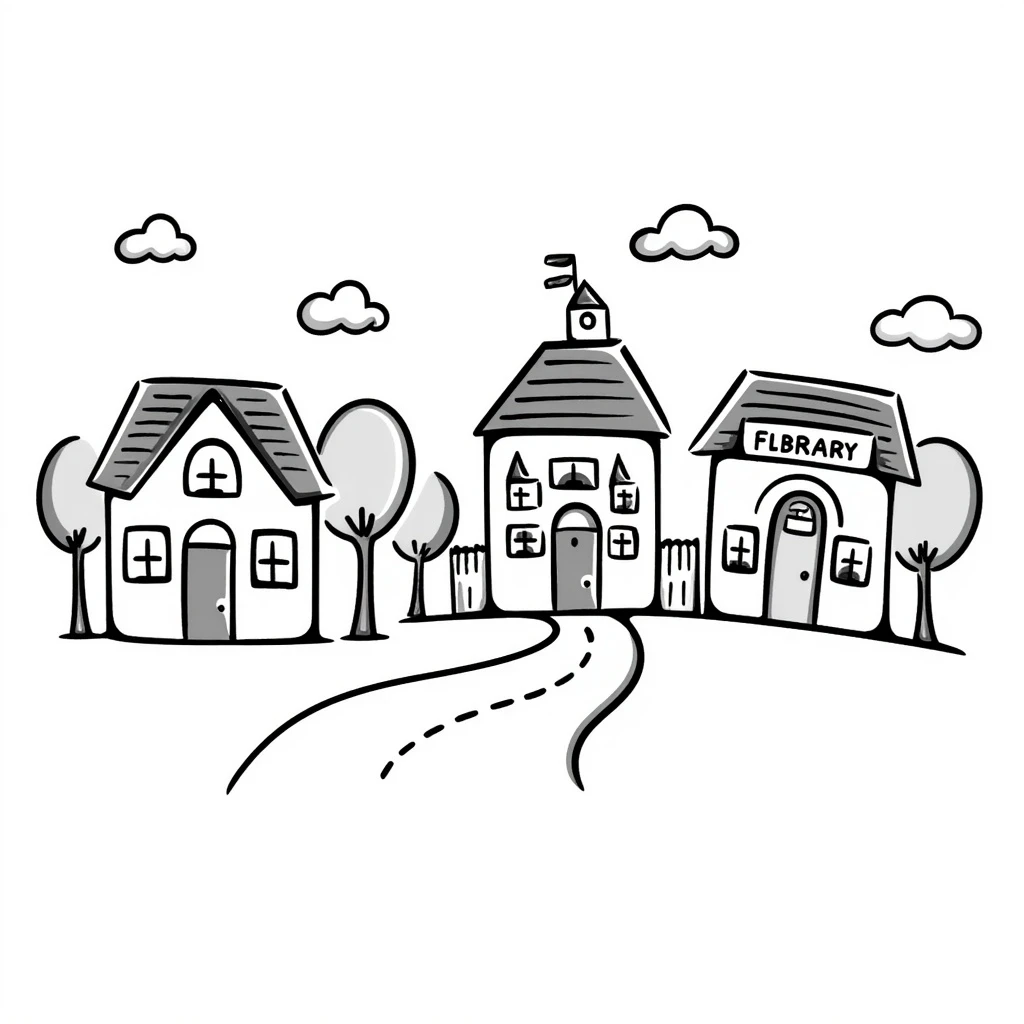 English learning material: hand drawn doodle style illustration of common places in town, labeled, with a road and trees emoji