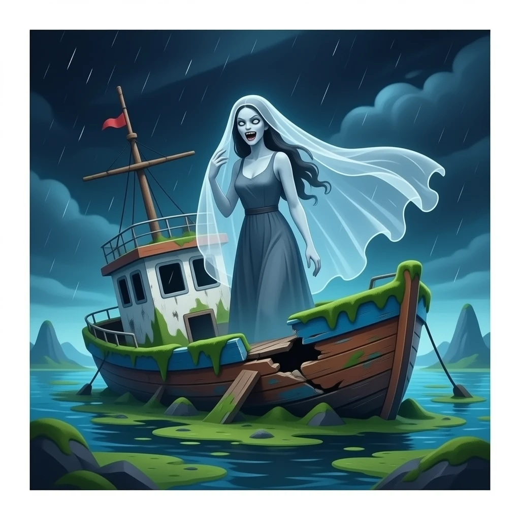 cinematic  - a broken boat with a terrifying female apparition around which a transparent veil flutters hovers over a wrecked boat covered in algae emoji