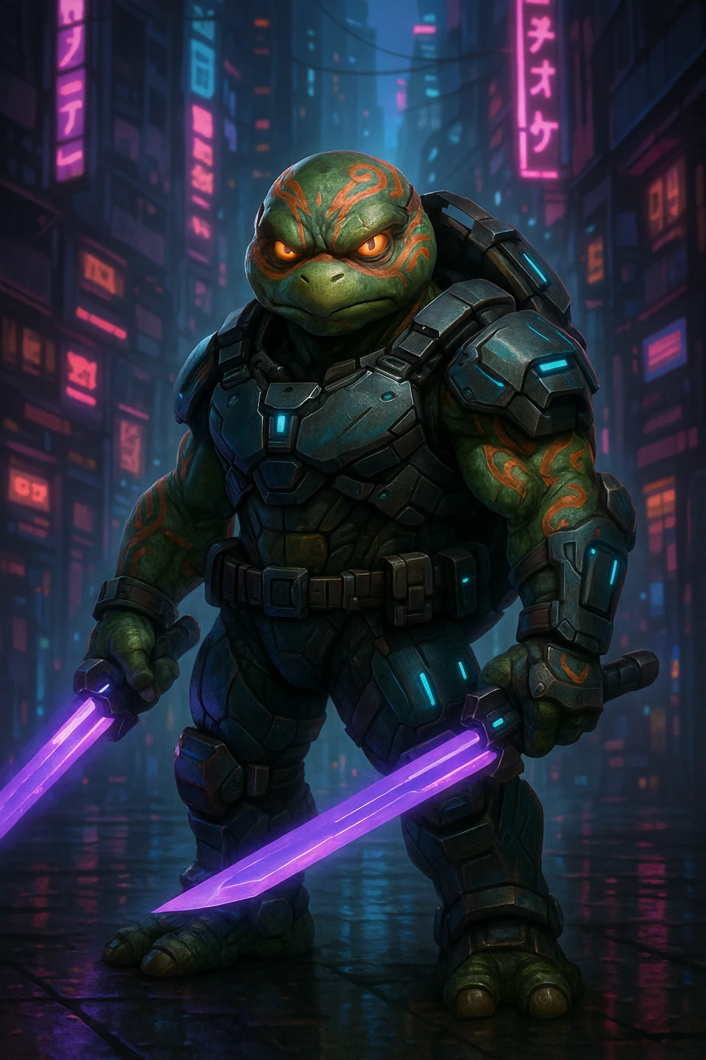 A bold, clever mutant turtle with tribal markings, wearing advanced street armor, glowing eyes, wielding dual energy blades, tech shell, standing in a neon-lit dystopian city, original design, not referencing any known characters. emoji