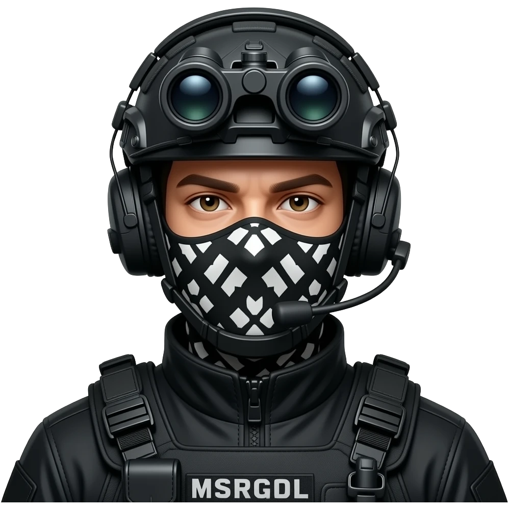 man wearing a black special tactics medical force outfit and a black COMBAT BOOTS PLATEface total painted black and a black and white patterned balaclava and wears a headset and a big black night vision device on his headtop with a helmet and a mask emoji