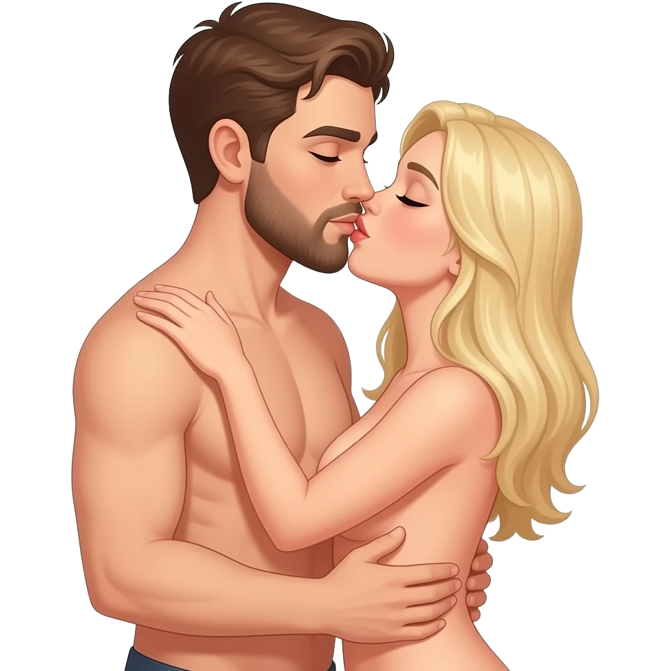 Full body emoji of completely Naked man with brown hair and a beard having sex with a naked woman with blonde hair kissing emoji