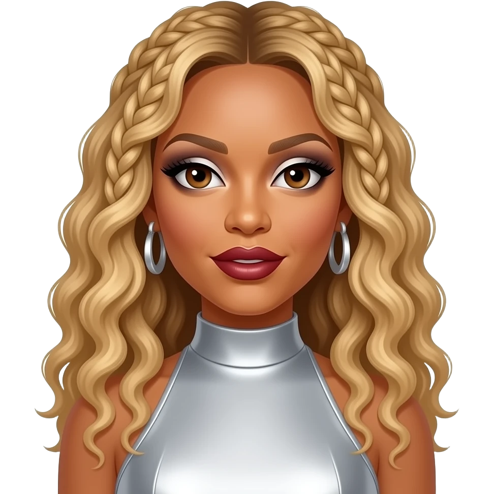 Beyonce from Destiny's Child with hazel eyes, long blonde cornrows with curly ends hair, silver eyeshadow, dark red lipstick, silver high neck dress, silver earrings emoji