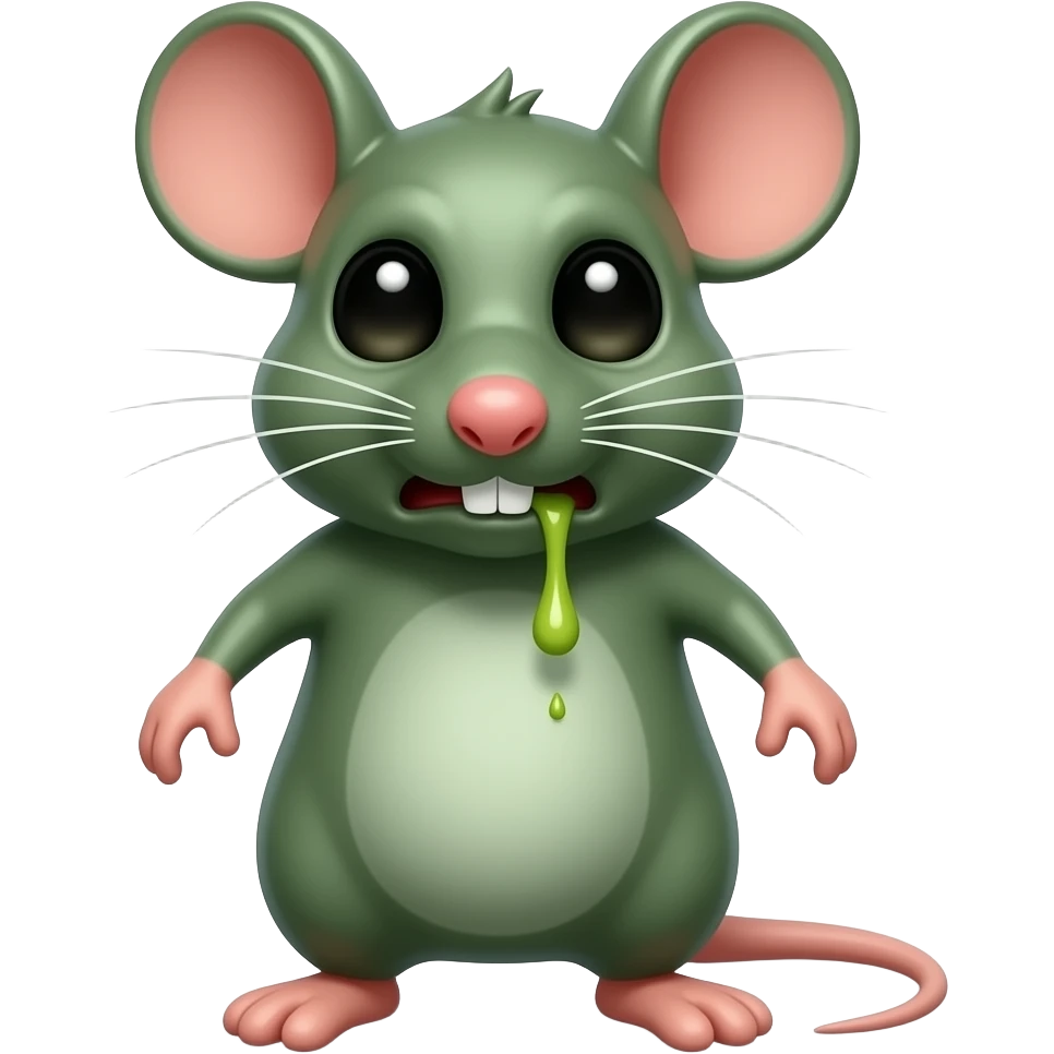 A little green mouse standing upright, with arms and legs that look like those of a little person, staring at us with revolting and nauseating face on its face. He is vomiting. The mouse’s body is entirely green. emoji
