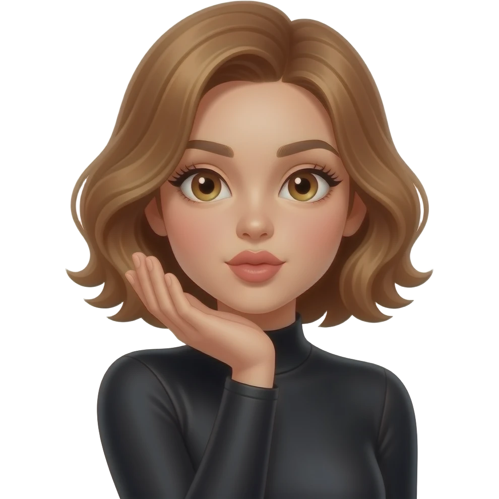 glamours,-tanned,-very-beautiful-girl,-with-big-pump-peach-beige-rose-lips,-long-long-lashes,-honey-silky-very short- hair,-wavy-hair,-hazel-eyes-in-black-long-sleeves-bodysuit- blowing a kiss with her hand emoji