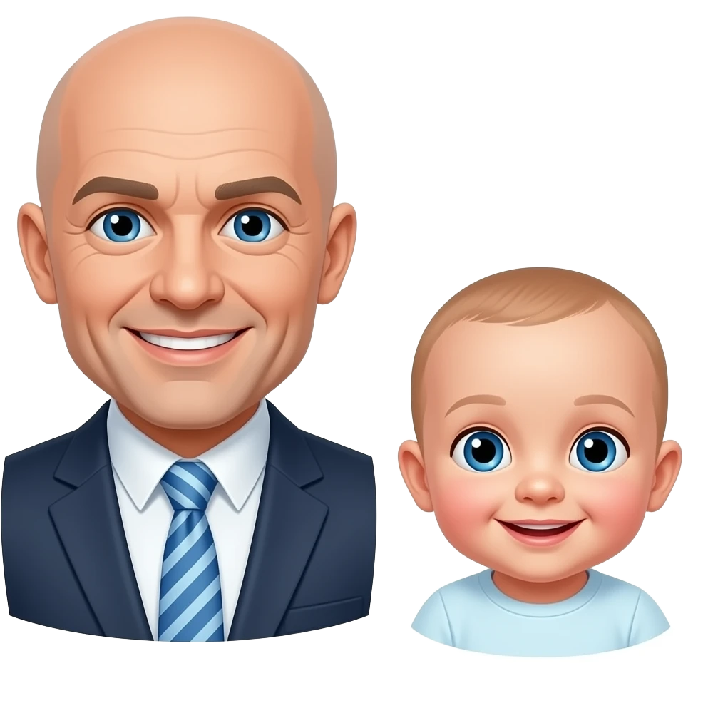 totally bald person with blue eyes and a suit and tie with a baby smilling face emoji