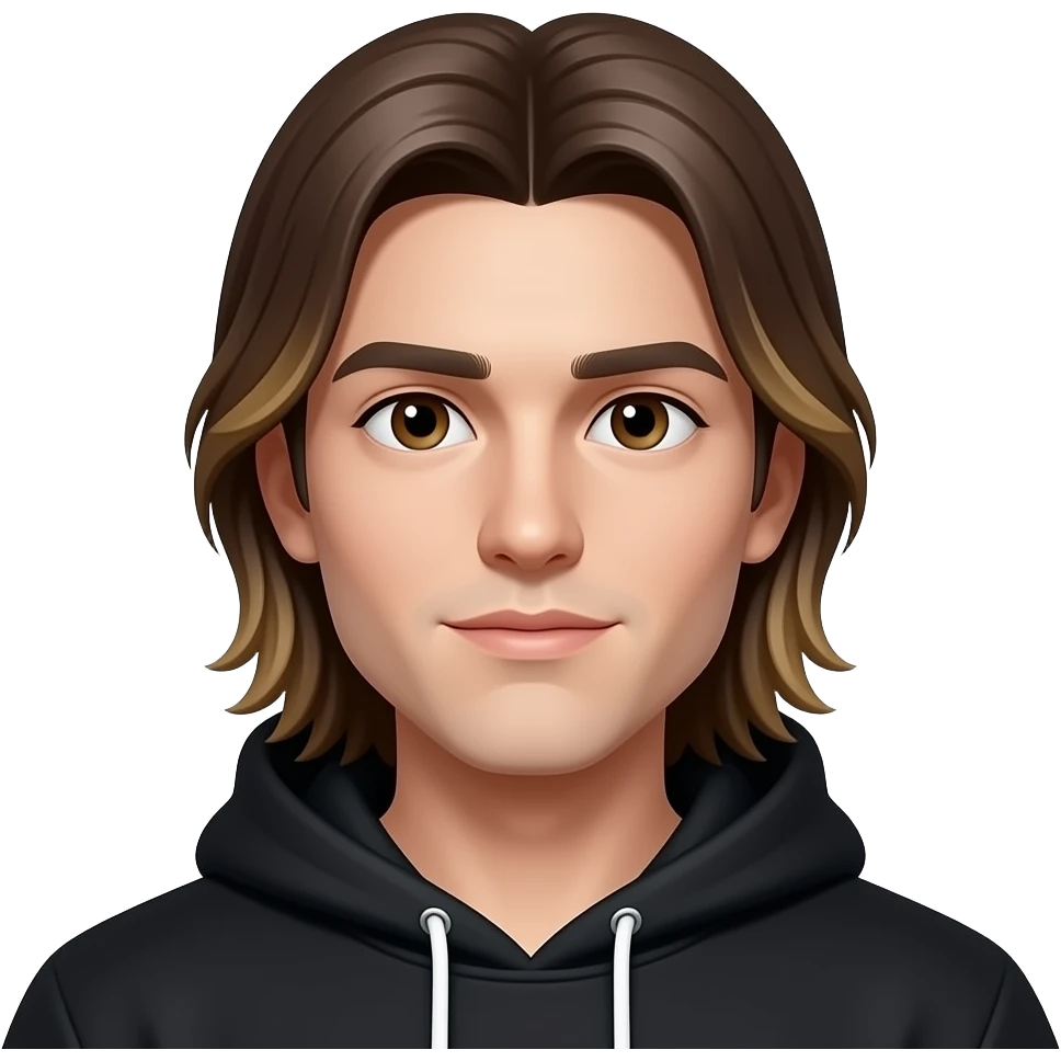 headshot of a young man with light skin and a slim oval face. Long straight brown hair parted in the middle with lighter blonde ends, strands framing the jaw. Brown eyes, medium dark eyebrows, thin mustache, calm neutral expression. Wearing a black hoodie.  front-facing centered portrait, emoji