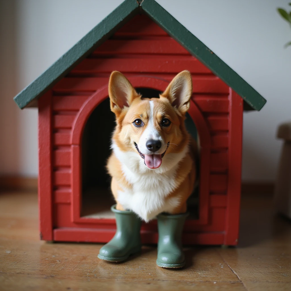 realistic red dog house with a Corgi dog inside, Corgi with a rain boot, photorealistic style emoji