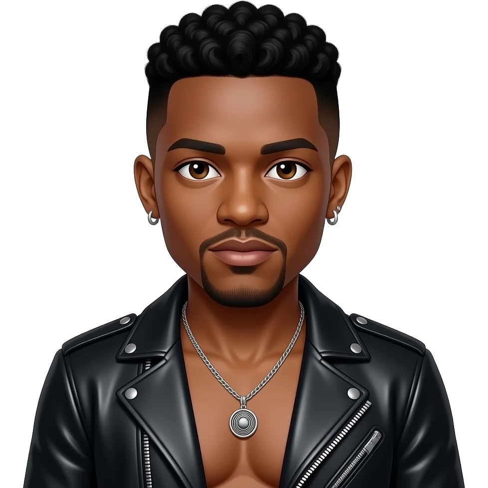DeVanté Swing from Jodeci with hazel eyes, black high-top fade hair, black metallic jacket, shirtless with necklace and earrings emoji
