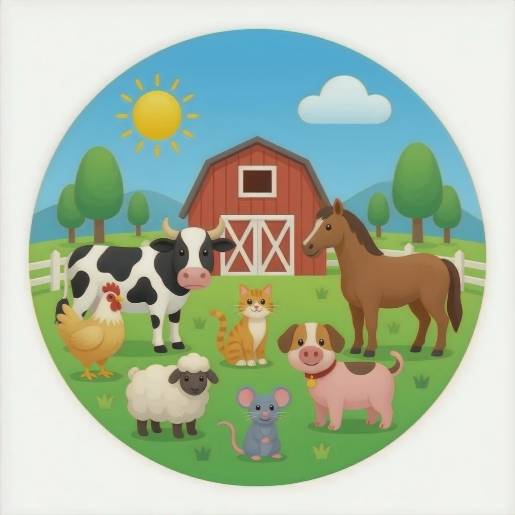 A barn with a circular background with, with a chicken, a cow, an ox, a horse, a cat, a pig, a sheep, a mouse, a dog emoji