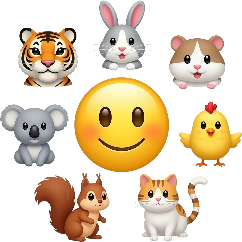 emoji yellow smiley in the center serounded in circle  🐯🐰🐹🐨🐥🐿 🐈 emoji