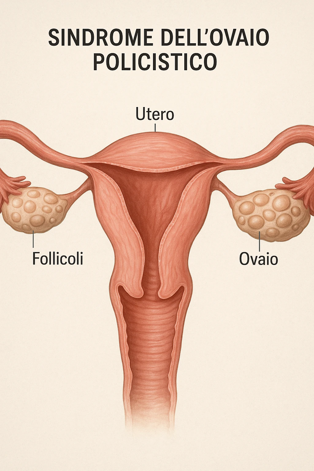 realistic 3D medical illustration of PCOS in anatomical section, showing polycystic ovaries with multiple follicles, uterus and ovaries highlighted, clinical details, natural colors, Italian captions, aspect ratio 2:3 emoji