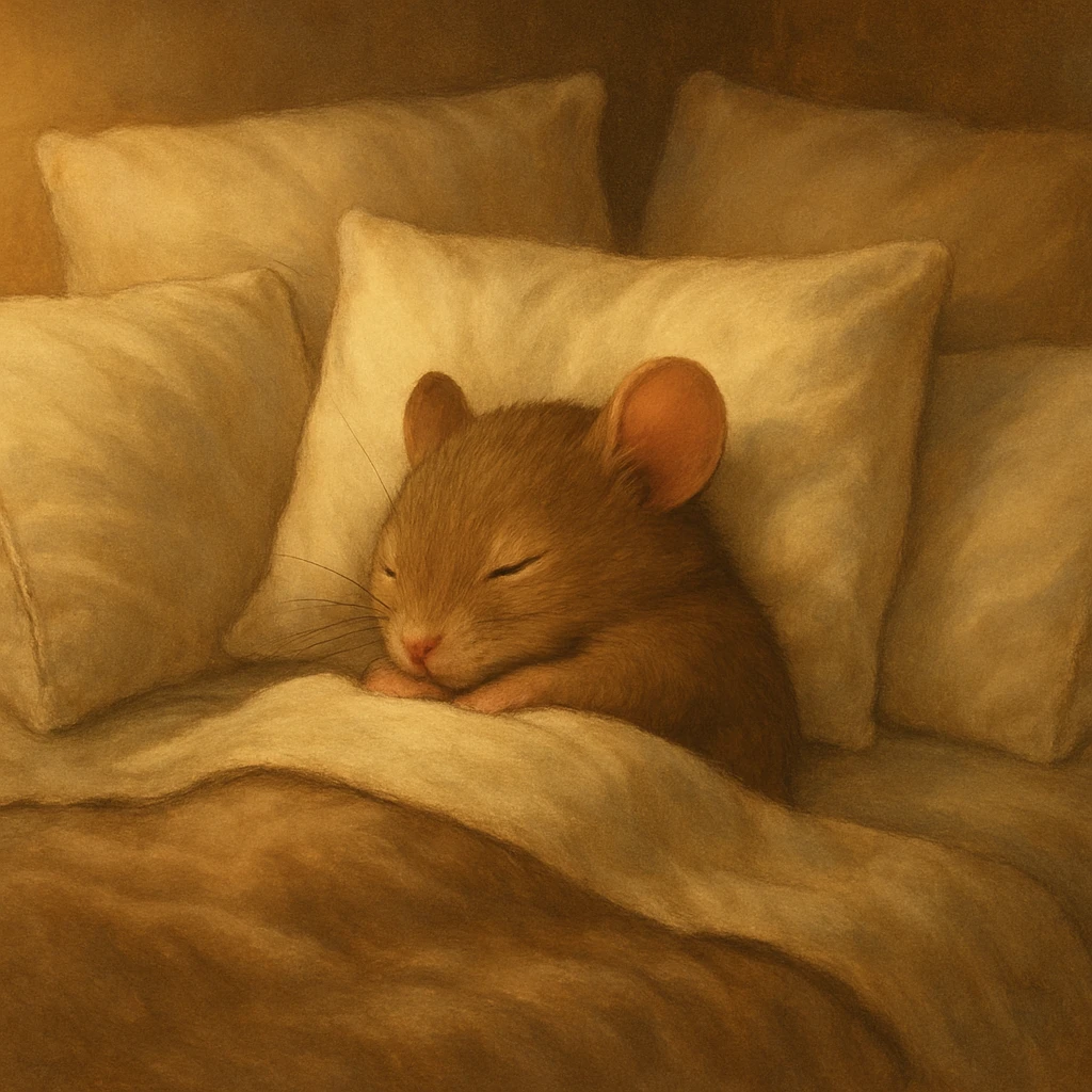 a small animal curled up in bed, surrounded by pillows, cozy vibe, peaceful and warm setting emoji