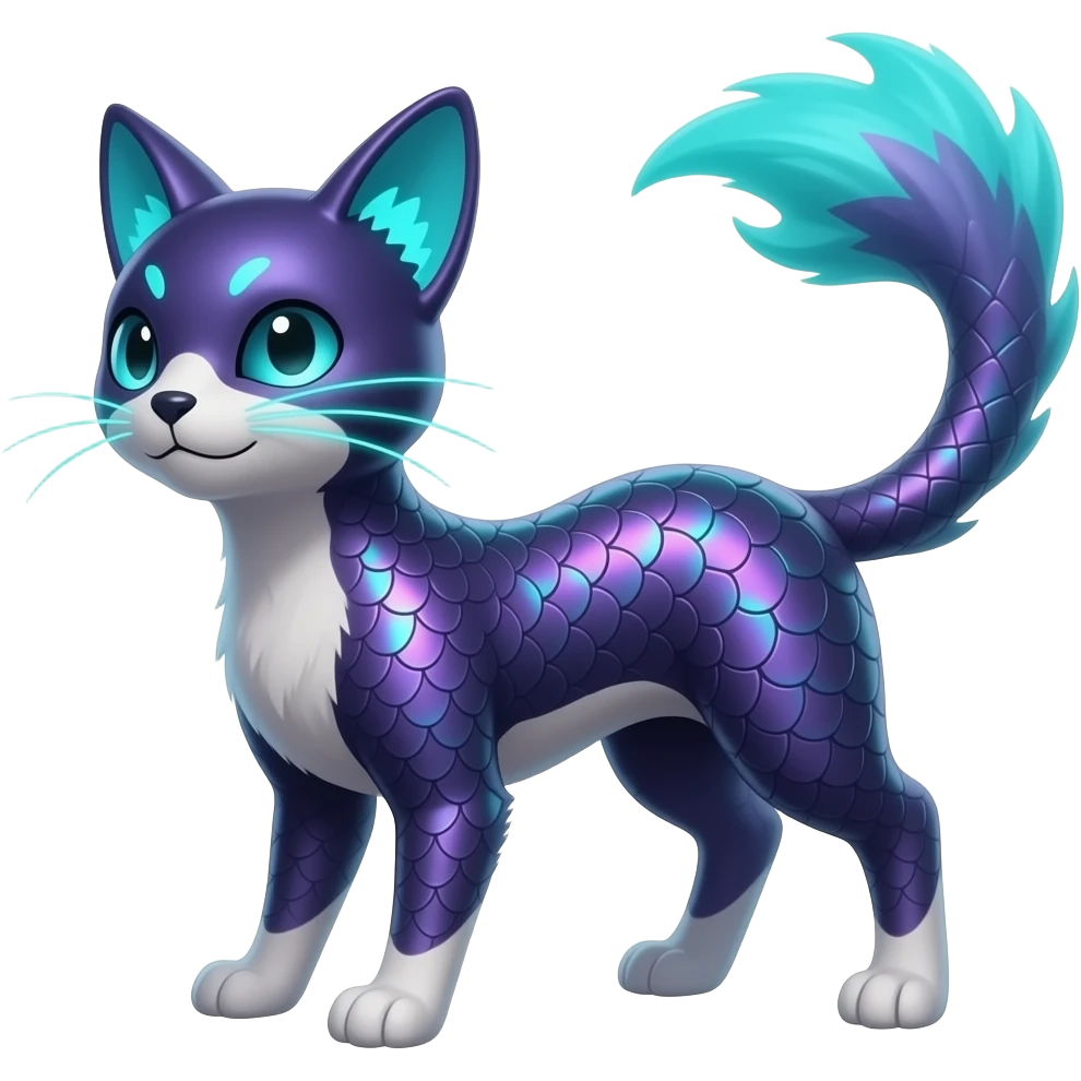 Realistic iridescent-scaled slim smooth shiny glossy elegant mature bioluminescent oil-dark, purplish, neon-cyan-accented, back-finned, abyss-fantasy-Zorua-Vaporeon-Umbreon-Lykoi-Civet-Fakémon-fusion, with thin neon-glowing bulb-whiskers, koi-piebald-flecked full body emoji