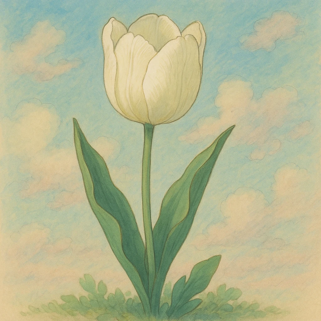 white tulip, ghibli style, detailed, soft colors, whimsical emoji