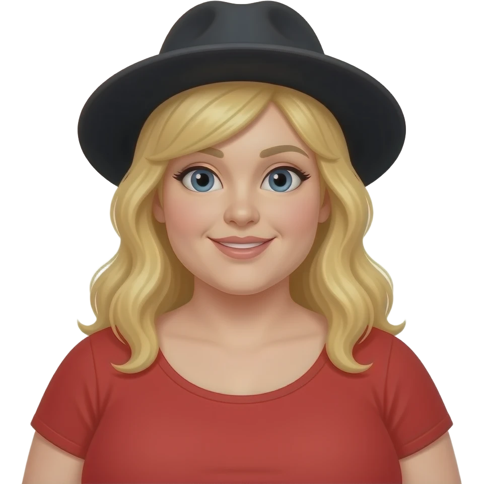 fat woman wear a red top  and black hat golden long hairs half body close up emoji