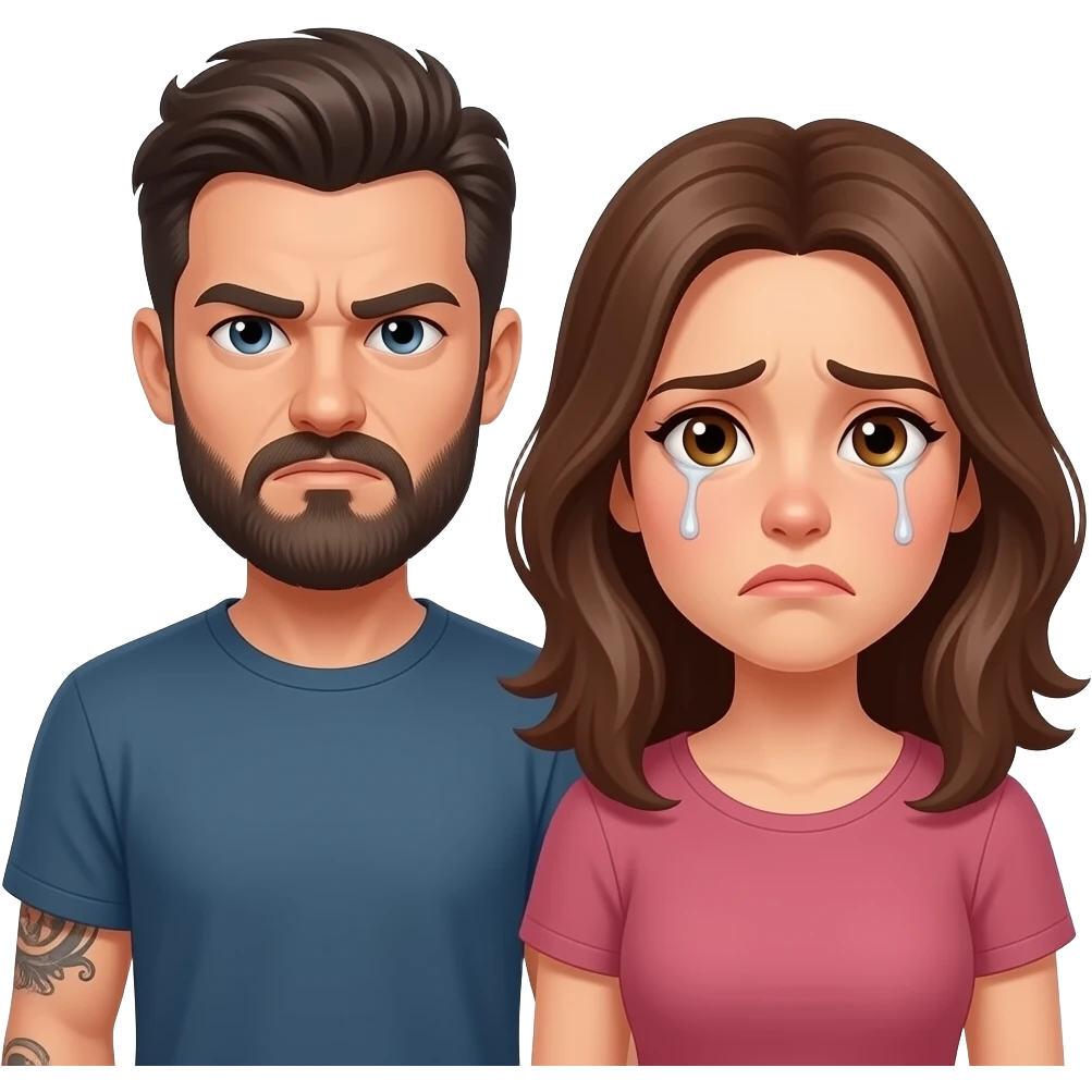 A really sad but angry because he found out she was cheating on him with a bald, headed red bearded guy, andthey are always arguingLatino couple man has a beard, medium hair and tattoos and his wife is beautiful with hazel eyes and shoulder length brown hair and their relationship is broken emoji
