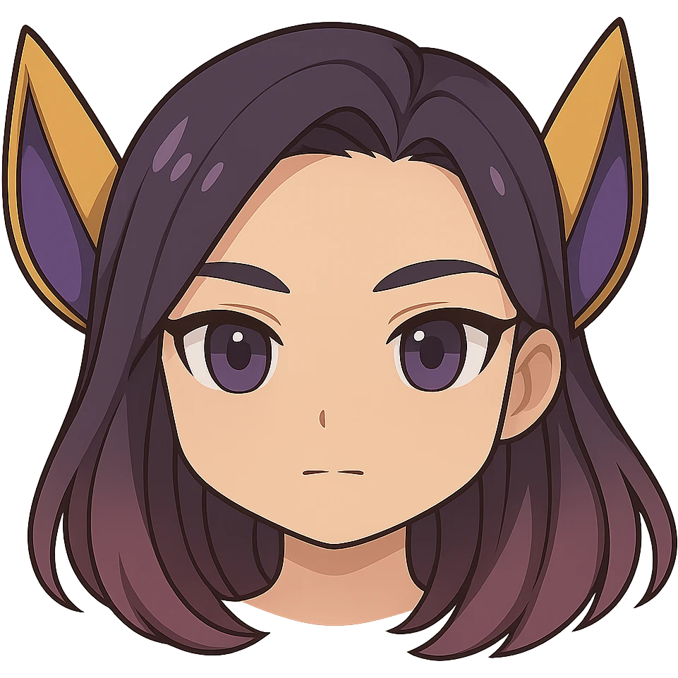 Create a chibi style emote of Kaisa from League of Legends, showing only the head with a neutral expression, alternate neutral expression 2, keeping the background transparent. emoji