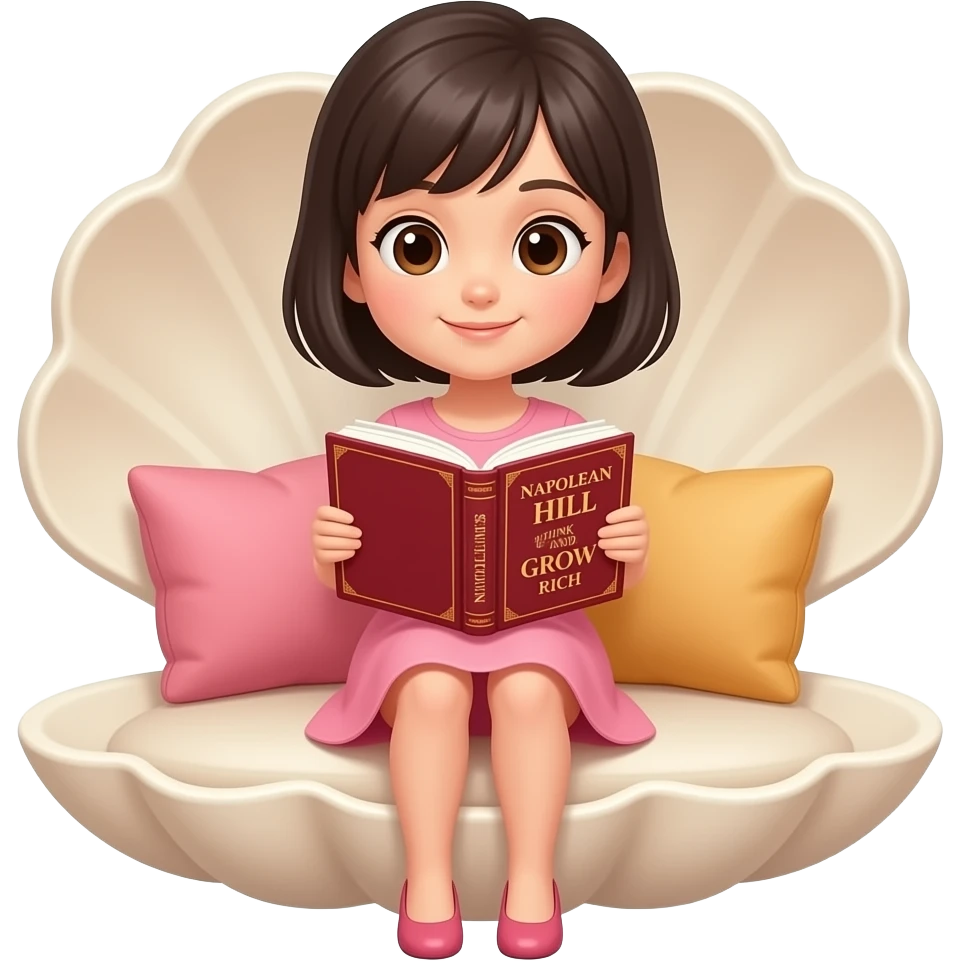 chica de cabello oscuro y corto, con ojos color cafe, con ropa color rosa, sentada en un sofa de forma de concha de mar, leyendo un libro de Napoleón Hill piense y hagase rico emoji