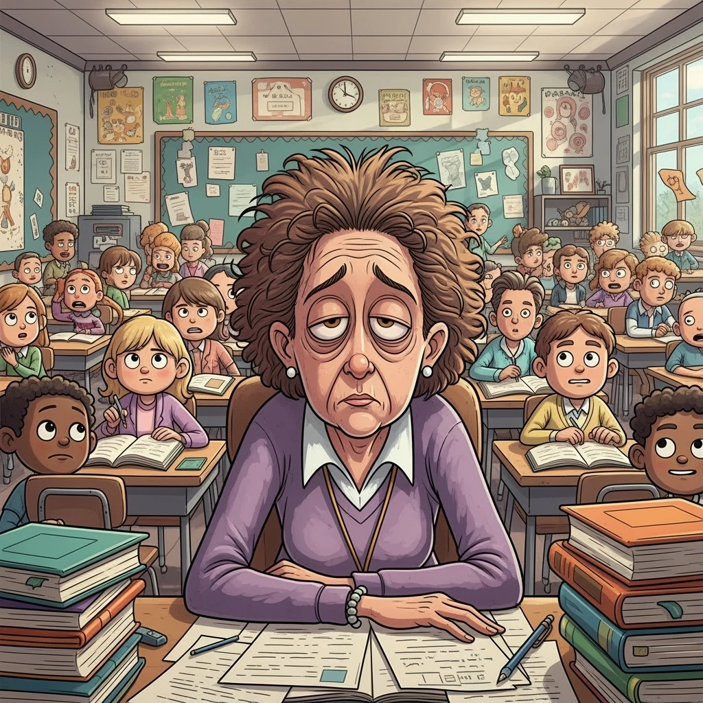 digital cartoon art of a exhausted teacher in a bustling classroom emoji