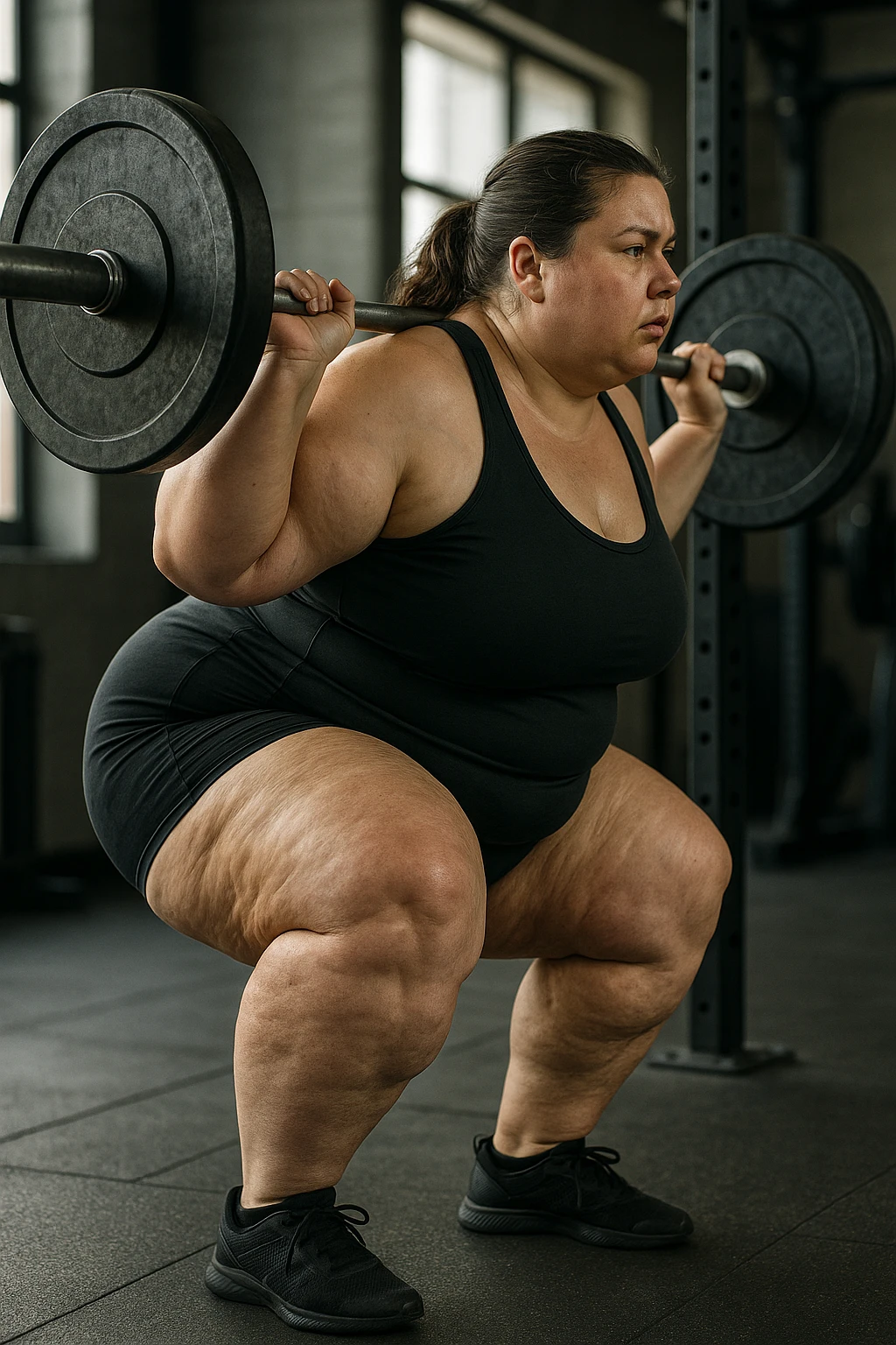 donna grassa con lipedema alle gambe che fa uno squat di profilo con bilanciere, IPERREALISTICA 4K emoji