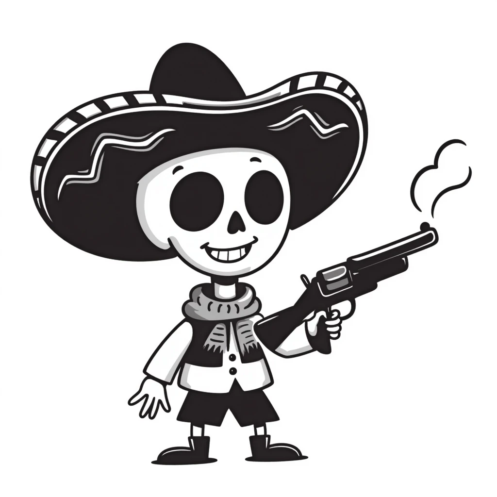 skull wearing mexican hat with a gun emoji