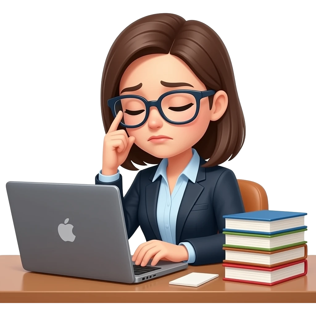 Mujer profesional,con anteojos,usando laptop,con pila de libros en su escritorio,exausta emoji