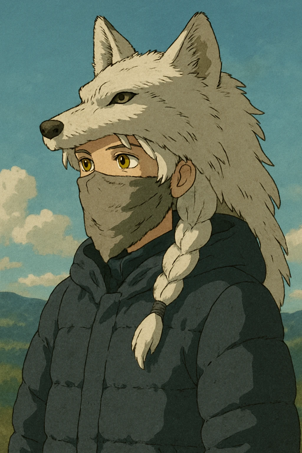 1 female, gold yellow eyes, white hair with a single long braid, wolf headdress, rag face covering, dark colored puffer parka, gazing into the distance emoji