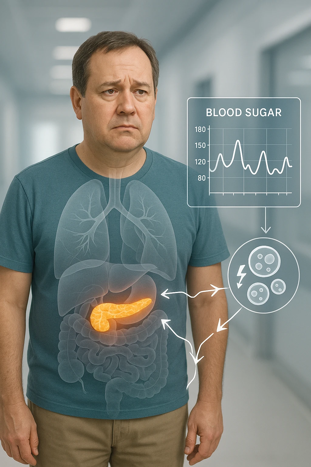 a middle-aged man stands in a clinical setting, with a semi-transparent overlay showing his internal organs. His pancreas is highlighted, and glowing lines or icons indicate disrupted insulin signaling between the pancreas and muscle or fat cells. The man’s expression is slightly concerned, and a digital chart beside him displays fluctuating blood sugar levels. The lighting is realistic, with a clean, modern medical background. emoji