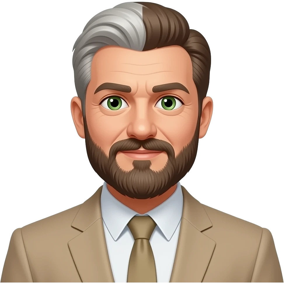 homme d'honneur avec barbe et cheveux poivre et sel yeux vert en costume beige emoji