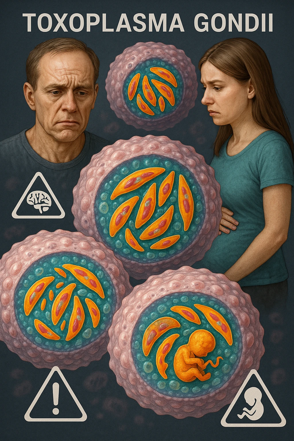 Toxoplasma gondii, infetta uomo immunodepresso e donne incinta. Causando gravi problemi tutto scritto in italiano immagine iperrealistica emoji