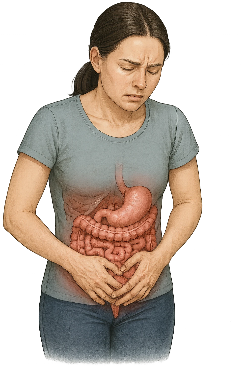 DONNA CON PANCIA DOLORANTE E INTESTINO UMANO ANATOMICO VISIBILE, ISOLATO SU SFONDO BIANCO emoji