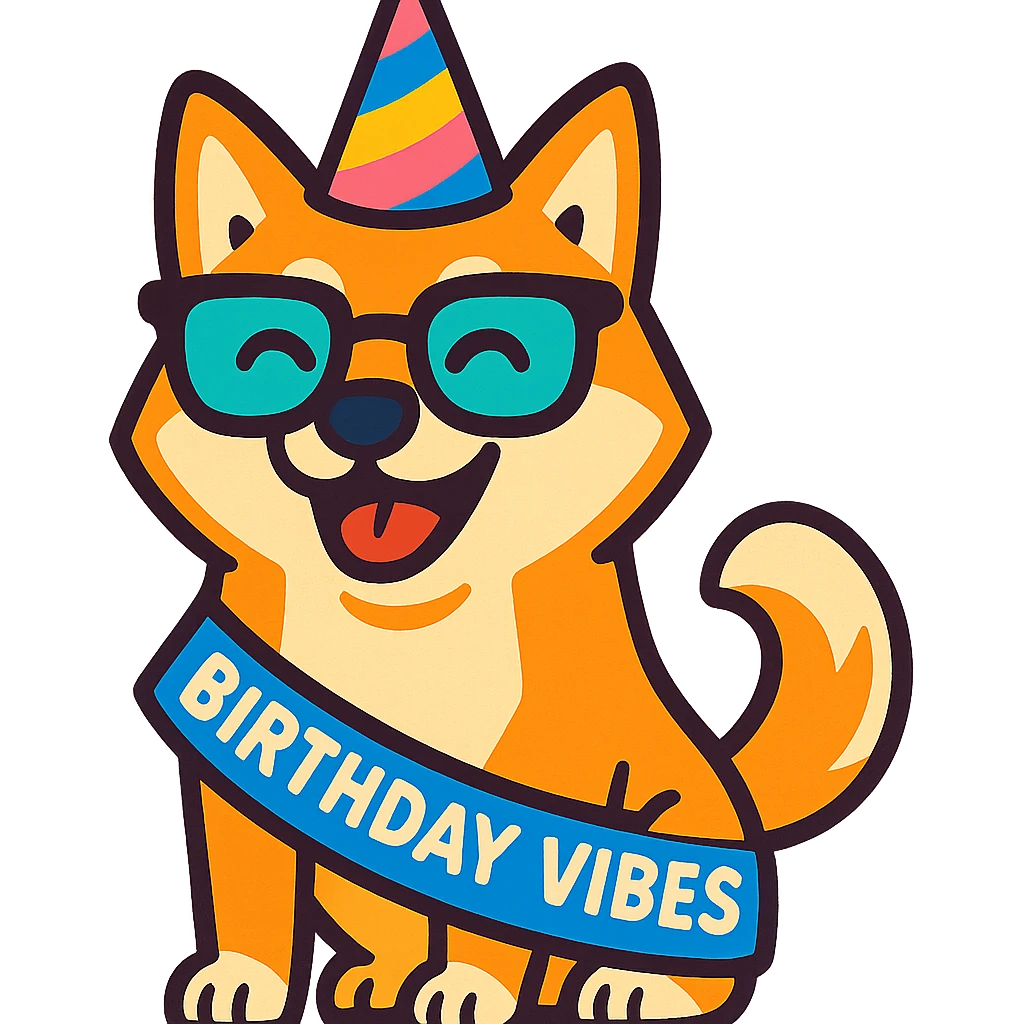 Shiba Inu wearing a "Birthday Vibes" sash and glasses, vibrant-toon style, transparent background emoji