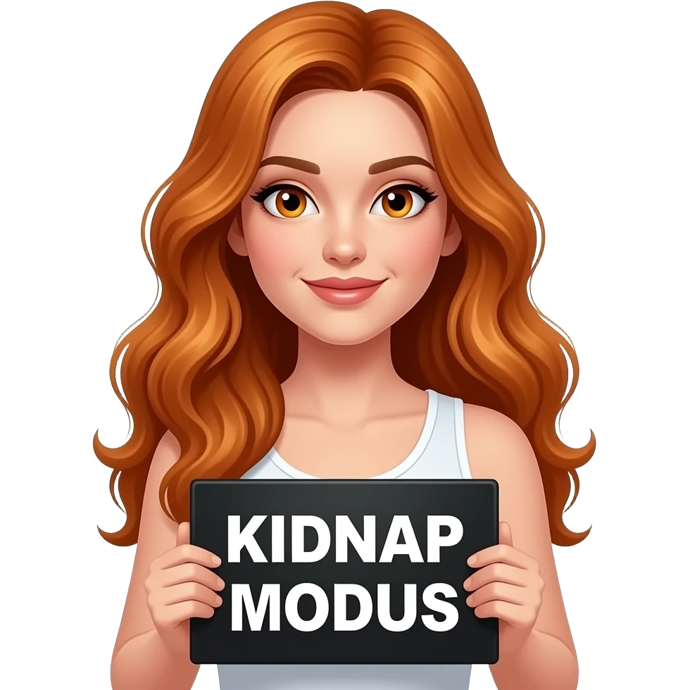 sexy girl with long wavy ginger hair and ginger eyes wearing a white tanktop is holding a black colored sign with KIDNAP MODUS written on it emoji